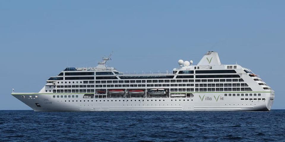 A digital rendering of Villa Vie cruise ship at sea.