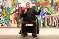 <p>Sylvester Stallone says a few words during the opening of the Sylvester Stallone - Retrospektive zum 75. Geburtstag exhibition at Osthaus Museum Hagen on Dec. 3 in Hagen, Germany. </p>