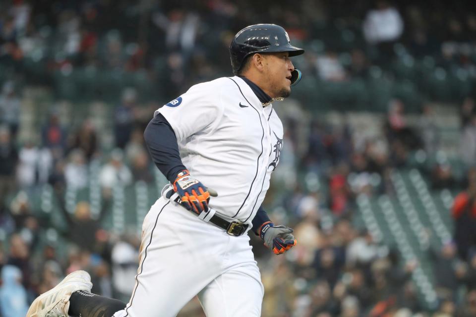 Detroit Tigers DH Miguel Cabrera (24) singles against New York Yankees starting pitcher Luis Severino (40) during fourth inning action Wednesday, April 20, 2022, at Comerica Park in Detroit.