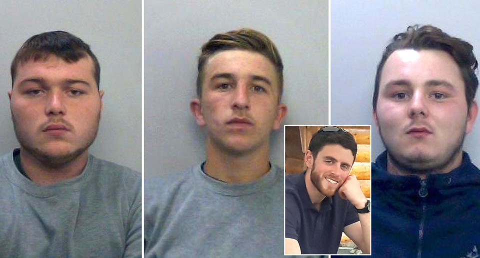 (LtR) Henry Long, 19, Jessie Cole and Albert Bowers, both 18, were sentenced for the death of Andrew Harper (inset). (PA Images)