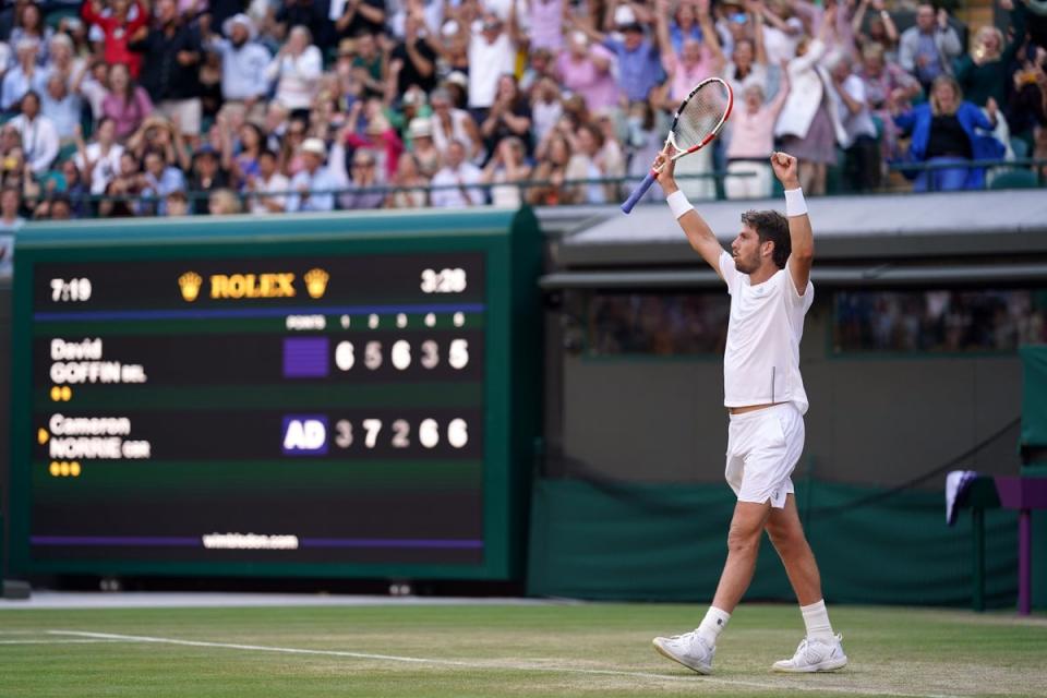Cameron Norrie celebrates winning his Wimbledon quarter-final with David Goffin (John Walton/PA) (PA Wire)