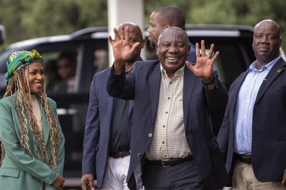 South African President Cyril Ramaphosa leaves an African National Congress (ANC) national executive committee in Johannesburg, South Africa, Monday Dec. 5, 2022. Ramaphosa might lose his job, and his reputation as a corruption fighter, as he faces possible impeachment over claims that he tried to cover up the theft of millions of dollars stashed inside a couch on his farm. (AP Photo/Jerome Delay)