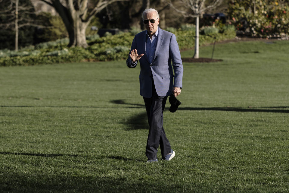WASHINGTON, DC - MARCH 24: U.S. President Joe Biden walks towards the White House after landing on the South Lawn in Marine One on March 24, 2024 in Washington, DC. The president was returning after a weekend at his home in Wilmington, Delaware. (Photo by Samuel Corum/Getty Images)