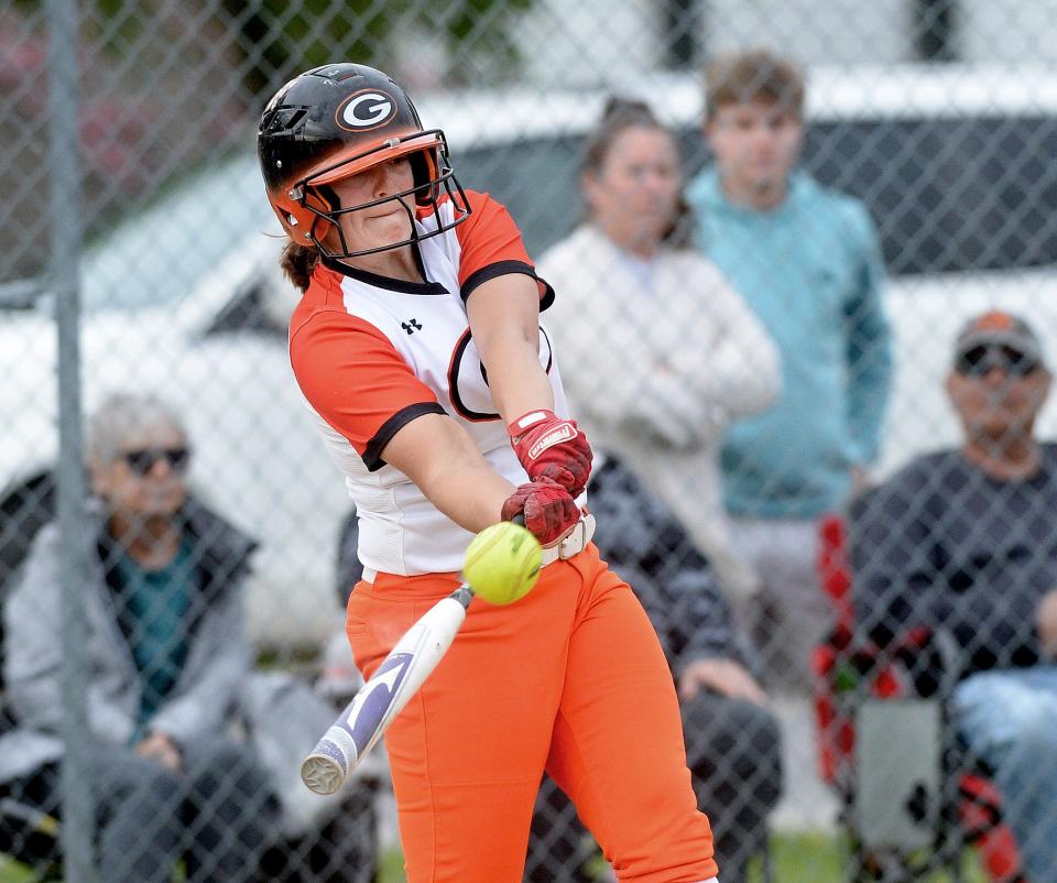 Gillespie's Emma Gipson hits a home run in the 6th inning Friday, April 21, 2023 giving Gillespie the lead and eventually the win.
