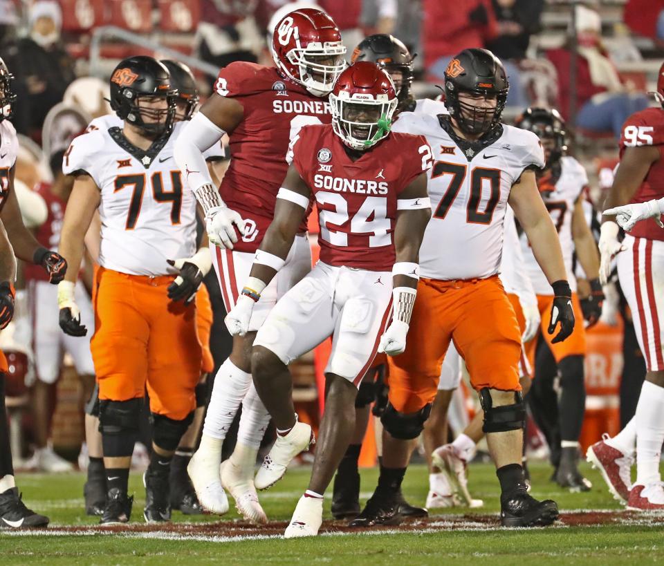 Brian Asamoah (24) and the Oklahoma Sooners travel to Stillwater Saturday for big bedlam matchup against rival Oklahoma State.