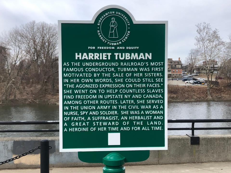 The first of 13 historical markers, part of the newly established Harriet Tubman Freedom Trail throughout Binghamton, was unveiled outside of Binghamton University's Downtown Center on Friday, March 10, 2023.