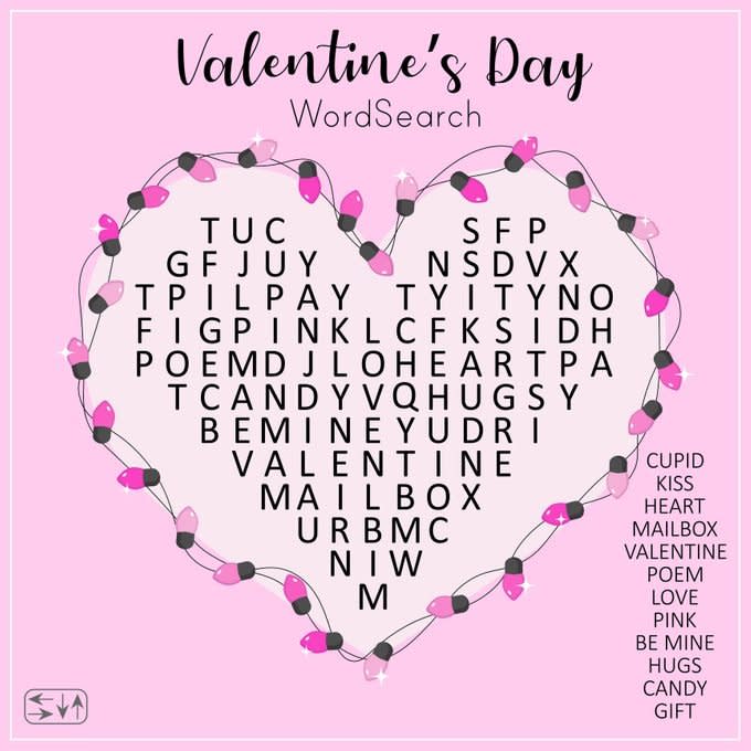 Valentine's Day Word Search Puzzle With Heart. 