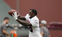 Atlanta Falcons wide receiver Calvin Ridley (18) catches the ball as he runs drills during NFL football practice on Tuesday, Aug. 3, 2021, in Flowery Branch, Ga. (AP Photo/Brynn Anderson)