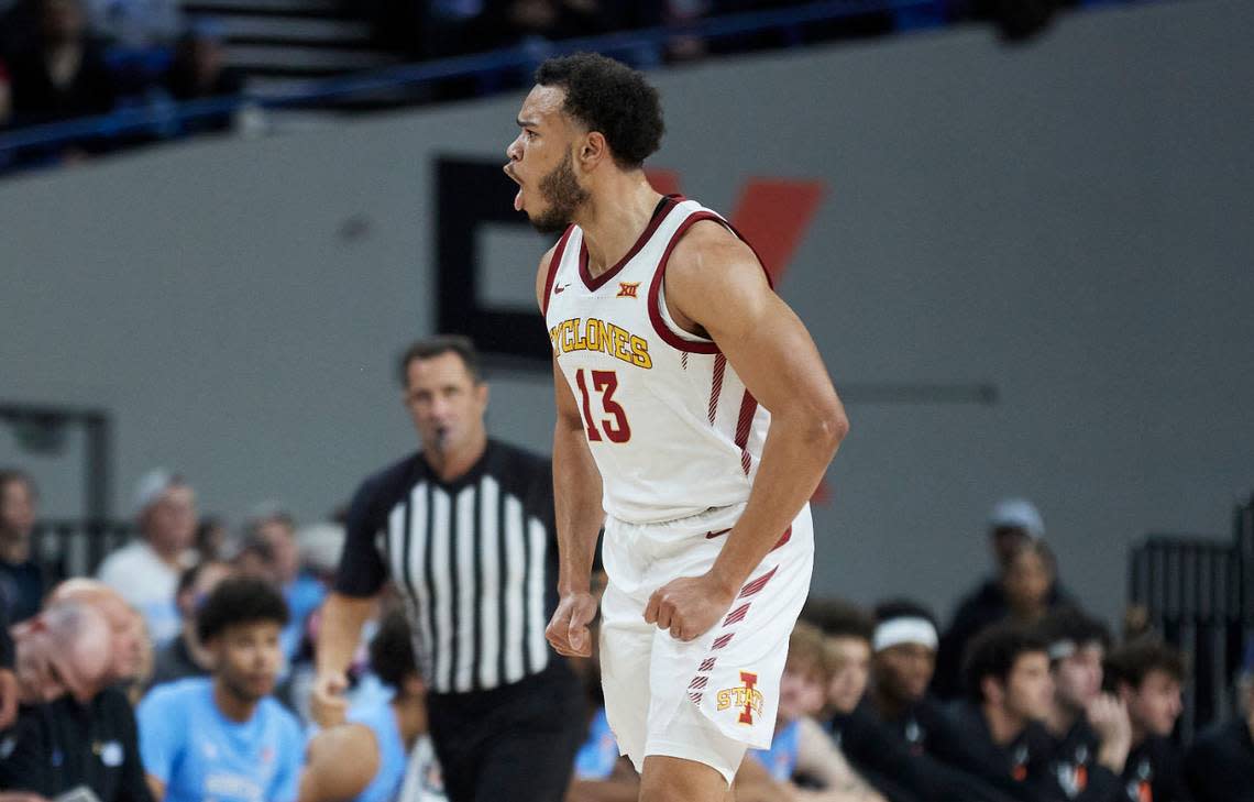 Iowa State guard Jaren Holmes reacts after scoring against North Carolina during the first half in the Phil Knight Invitational tournament in Portland, Ore., Friday, Nov. 25, 2022.