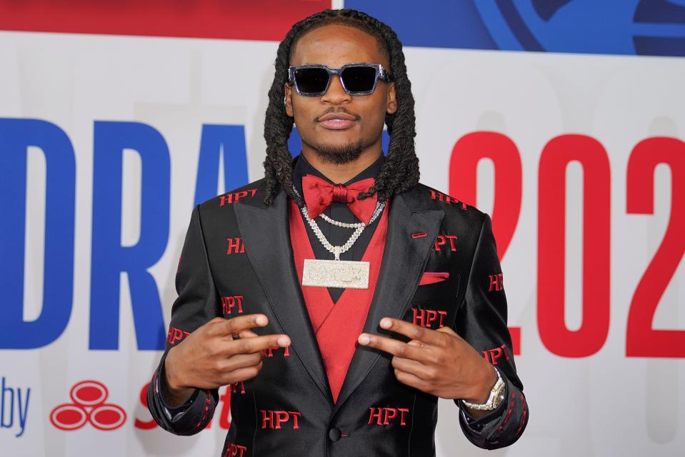 Former Kentucky guard Cason Wallace arrives at Barclays Center before the NBA draft Thursday, June 22, 2023, in New York.