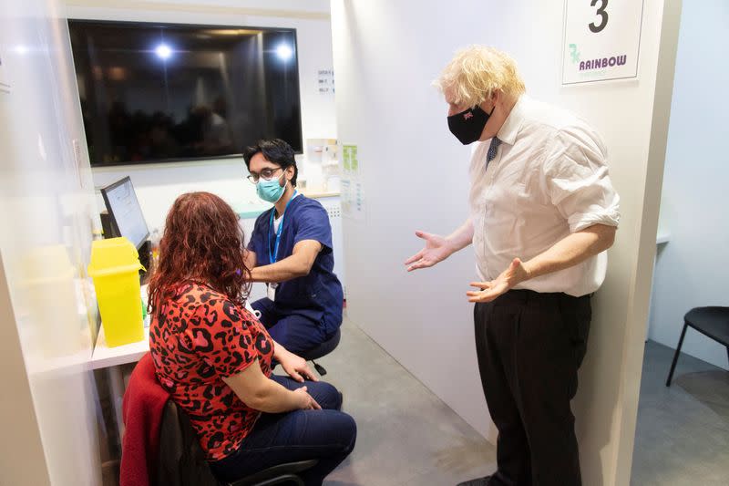 British Prime Minister Boris Johnson visits COVID-19 vaccination centre in Milton Keynes