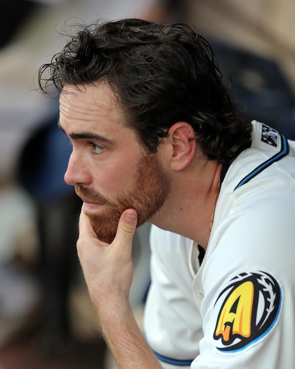 Cleveland Guardians pitcher Shane Bieber watches the Akron RubberDucks at bat on Tuesday in Akron.