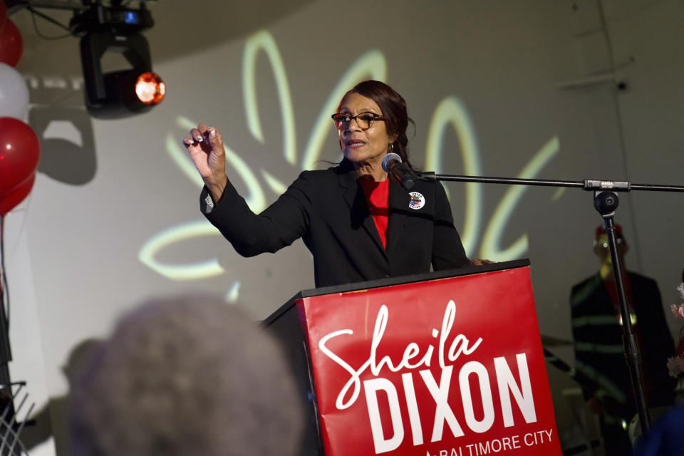 Democratic Baltimore mayoral candidate Sheila Dixon speaks to supporters during a primary election night watch party, Tuesday, May 14, 2024, in Baltimore. (Kaitlin Newman/The Baltimore Banner via AP)