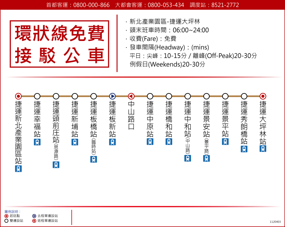 台北捷運環狀線中斷，新北市提供免費接駁公車。新北市政府提供