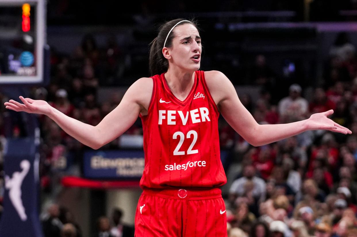 Indiana Fever guard Caitlin Clark reacts to a call during the game against the Las Vegas Aces.