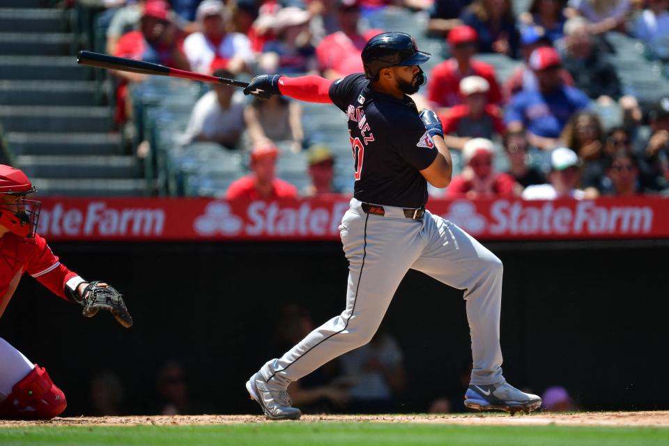 Guardians outfielder Johnathan Rodriguez hits a two-run double against the Angels during the third inning, May 26, 2024, in Anaheim.