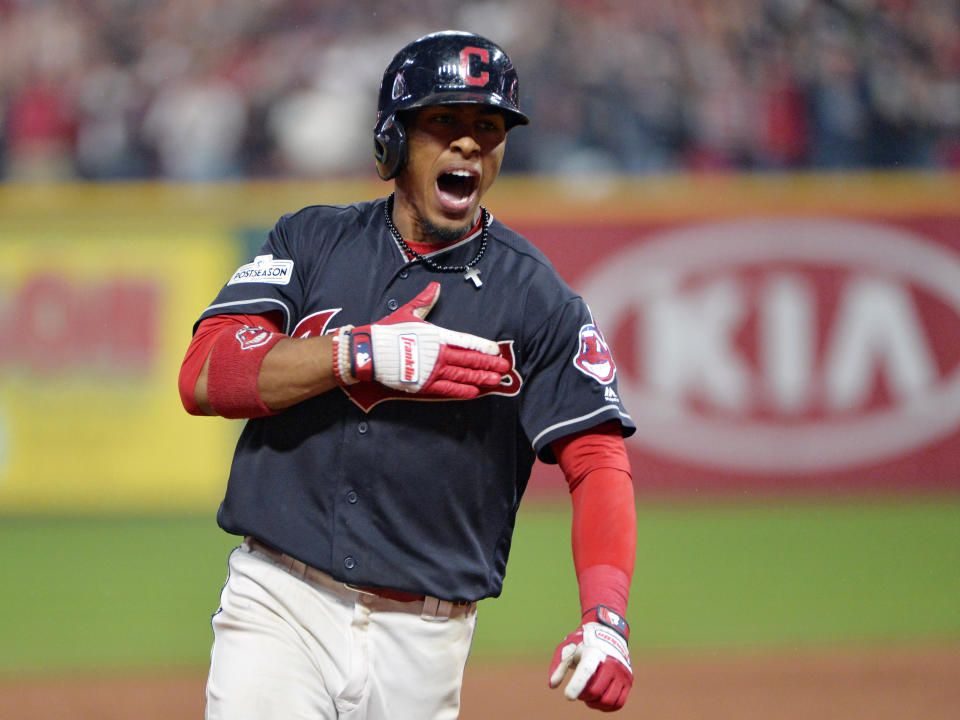 Francisco Lindor celebrates after hitting a grand slam in the sixth inning of ALDS Game 2. (AP)