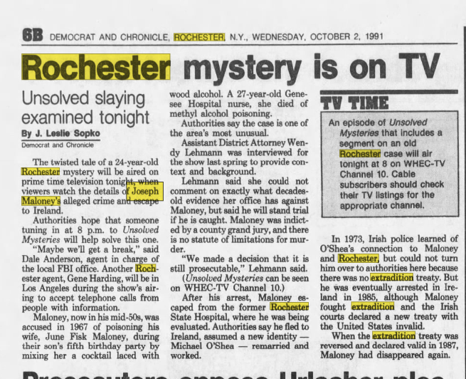 Past Democrat and Chronicle article about hunt for Joseph Maloney