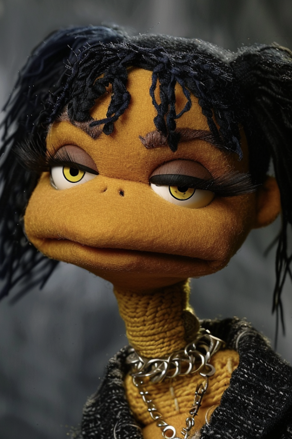 Puppet with detailed facial features and black hair, wearing a chain necklace and black jacket