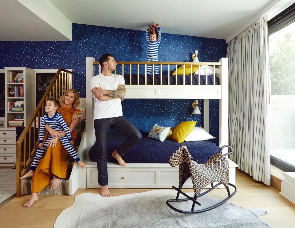 Chelsea and JJ Redick, with sons Knox and Kai, in the boys’ bedroom at their Brooklyn home.