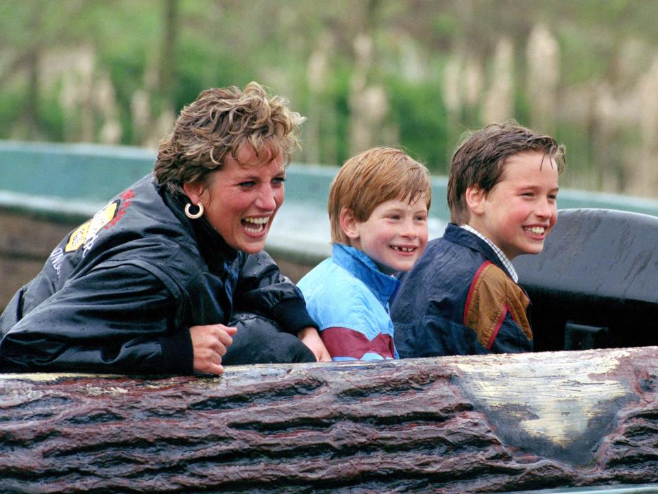 Princess Diana, Prince Harry, and Prince William at Thorpe Park in the UK on April 13, 1993.