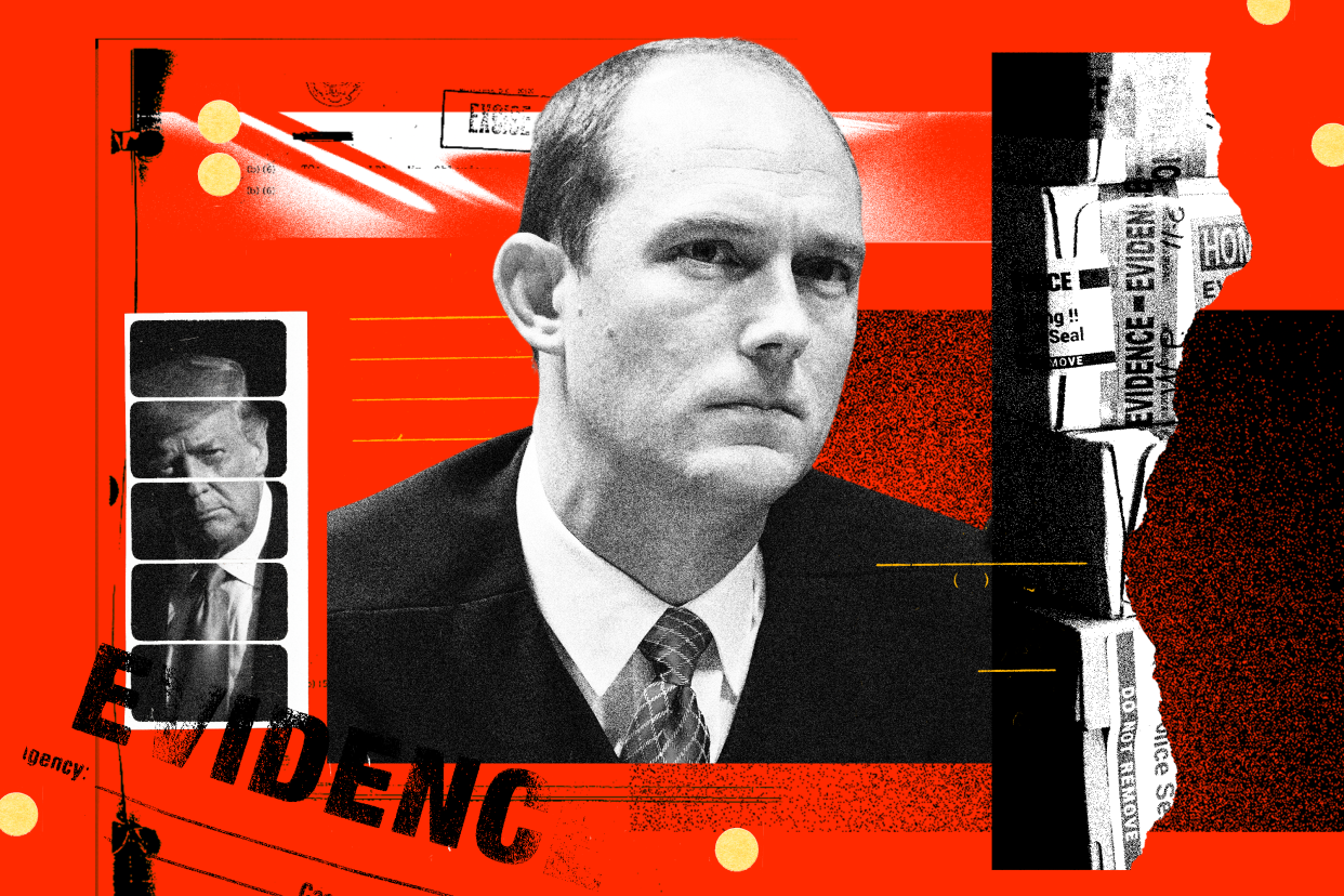 Illustration of black-and-white images of Scott F. McAfee, Donald Trump and items labeled as evidence superimposed onto red background.