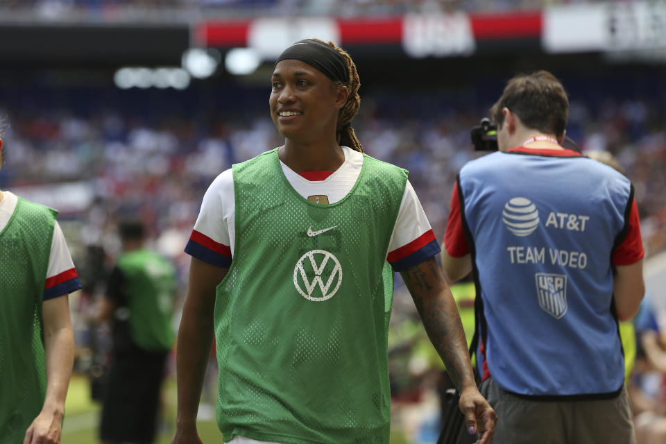 United States forward Jessica McDonald warms up on the sidelines during the second half of an international friendly soccer match against Mexico, Sunday, May 26, 2019, in Harrison, N.J. The U.S. won 3-0. (AP Photo/Steve Luciano)