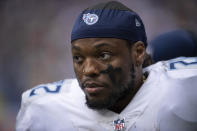 FILE - Tennessee Titans running back Derrick Henry (22) is shown on the sidelines during an NFL football game against the Indianapolis Colts, Sunday, Oct. 31, 2021, in Indianapolis. It’s been nearly 12 weeks since Derrick Henry broke his right foot. The 2020 AP NFL Offensive Player of the Year has been practicing while still on injured reserve with the Tennessee Titans targeting his return Saturday for their divisional game with Cincinnati. (AP Photo/Zach Bolinger, File)