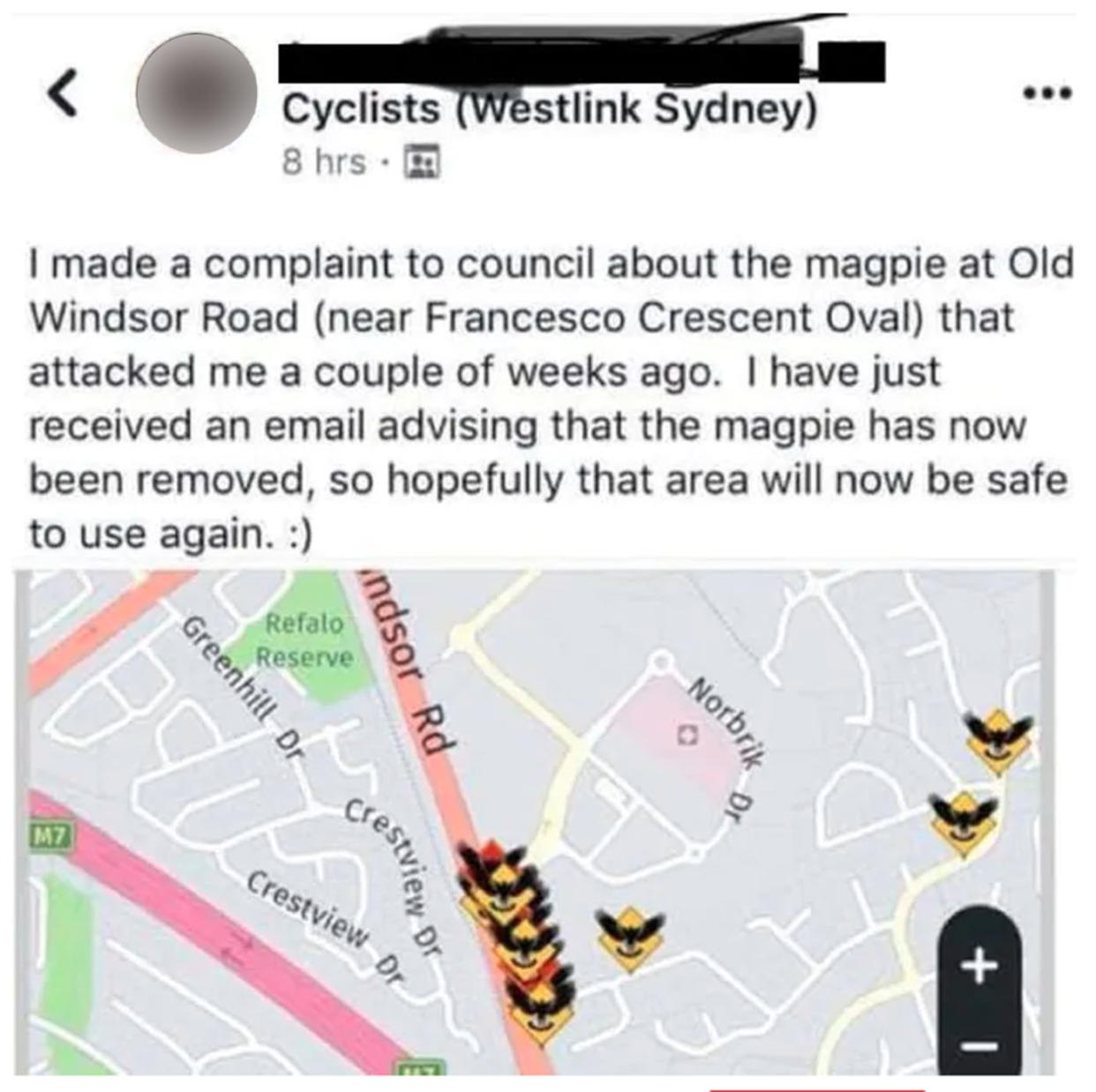 A problem magpie was reportedly killed following a complaint by a cyclist who reported being attacked near Old Windsor Rd, Bella Vista. A screenshot of a Facebook post confirming what happened to the bird.