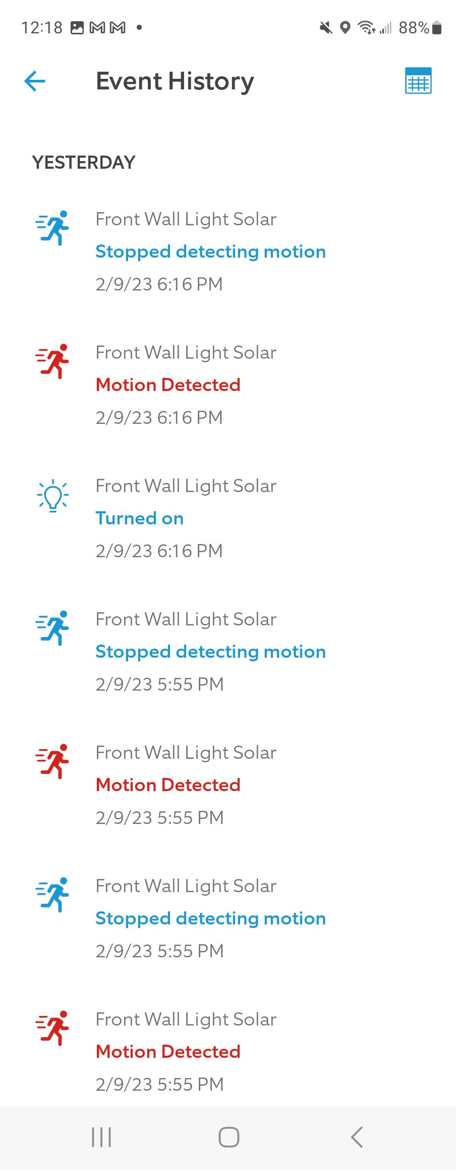 Screenshot of Ring app showing the event history of the Ring Solar Wall Light.