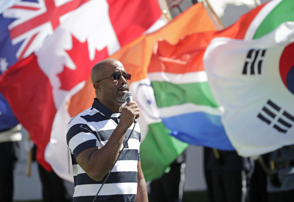 <p>Singer Darius Rucker performs during the opening ceremony before the first round of the Presidents Cup at Liberty National Golf Club in Jersey City, N.J., Sept. 28, 2017. (Photo: Julio Cortez/AP) </p>