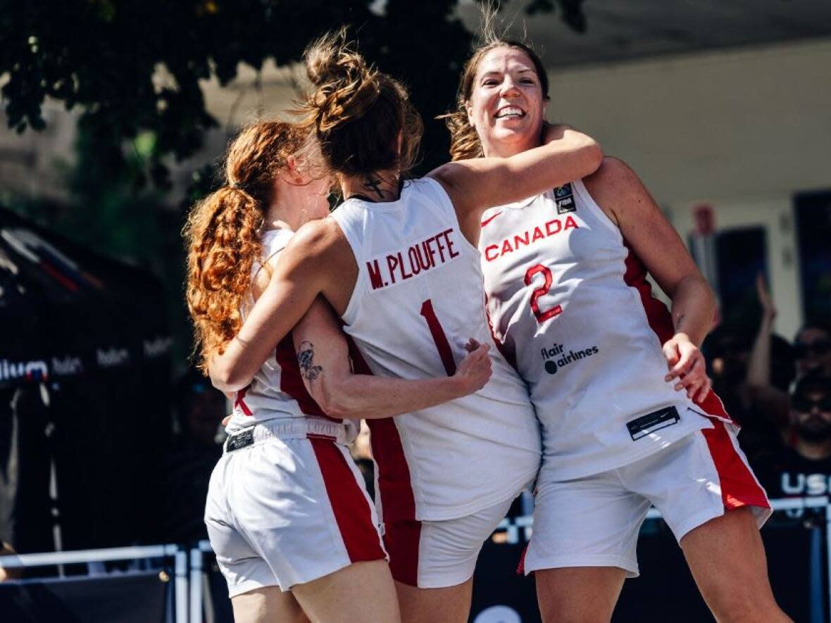 The Canadian women's 3x3 team, shown in this file photo, will face Hungary for the final spot in the Olympic women's 3x3 tournament this summer in Paris.  (basketball.ca - image credit)