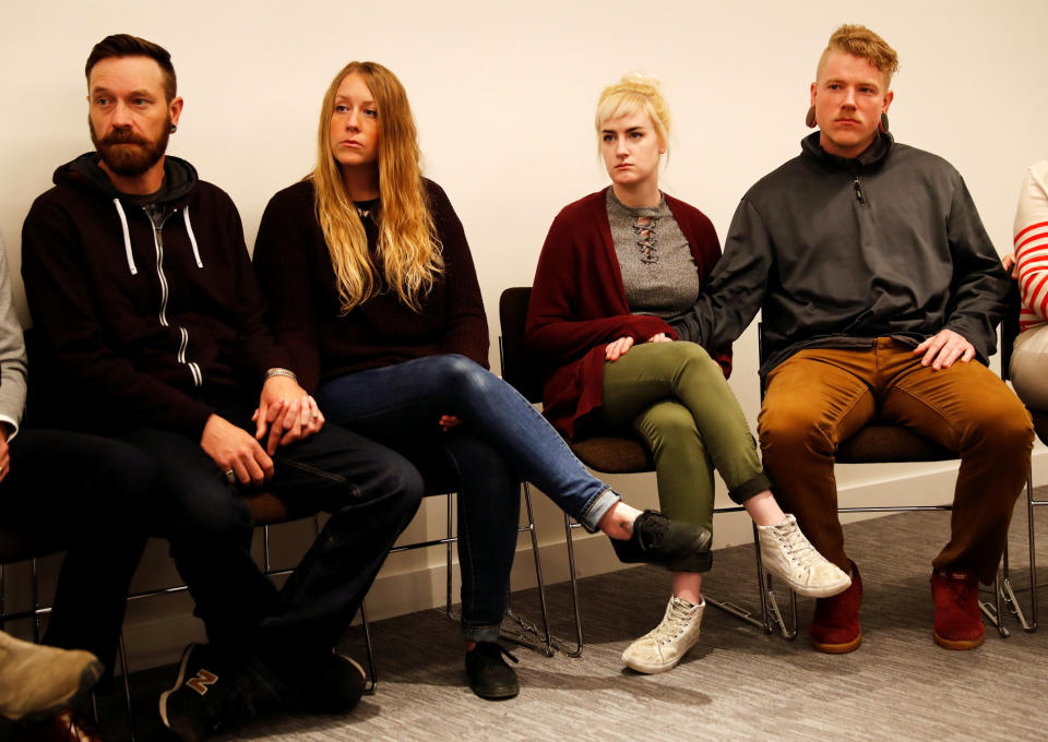 Family members of Westminster Bridge attack victims Melissa and Kurt Cochran attend a news conference at New Scotland Yard, in London, Britain, March 27, 2017. Kurt Cochran, 54, and his wife, Melissa, were in Europe to celebrate their 25th wedding anniversary. He was killed, and Melissa was injured when a British man, Khalid Masood, ploughed down pedestrians as he sped along Westminster Bridge before fatally stabbing an unarmed policeman. REUTERS/Stefan Wermuth