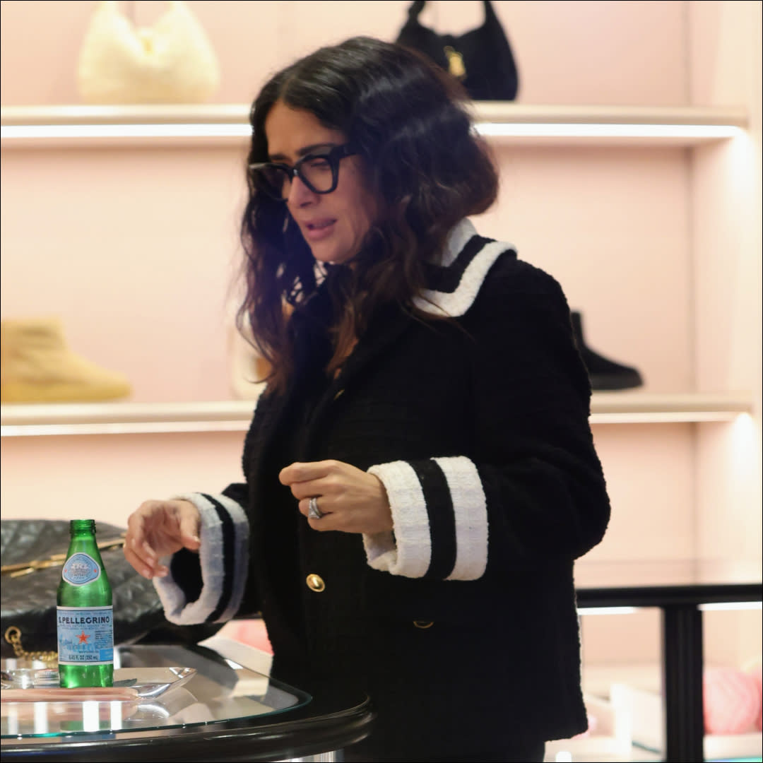  Salma Hayek Shops at Gucci Ahead of the Holidays In Chic Black and White Coat. 