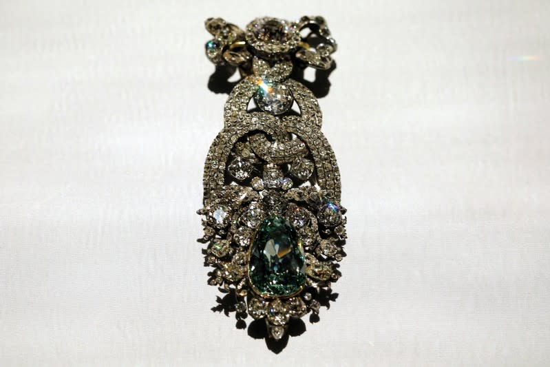 FILE PHOTO: Hat Ornament with the "Dresden Green" diamond is seen during press preview of "Making Marvels, Science and Splendor at the Courts of Europe" at Metropolitan Museum of Art in New York