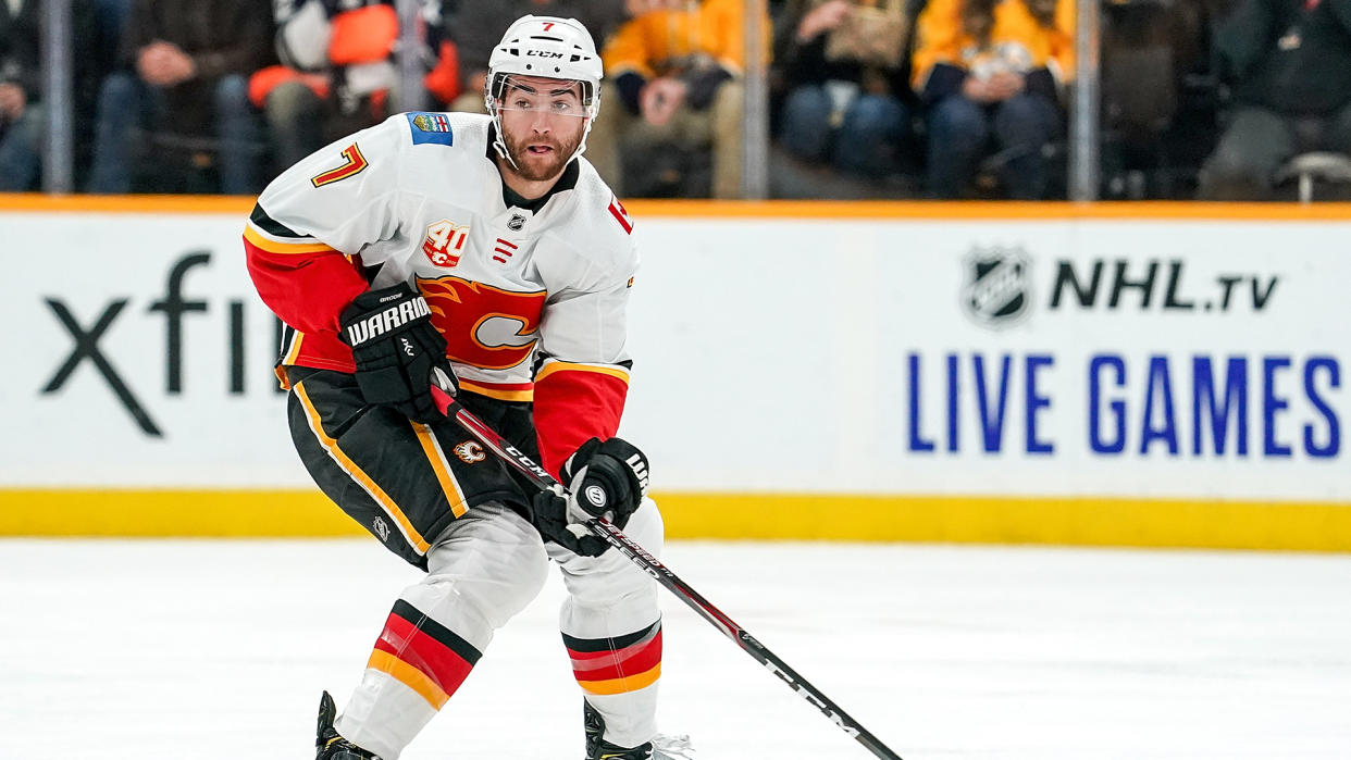 NASHVILLE, TN - OCTOBER 31: TJ Brodie #7 of the Calgary Flames skates against the Nashville Predators at Bridgestone Arena on October 31, 2019 in Nashville, Tennessee. (Photo by John Russell/NHLI via Getty Images) 