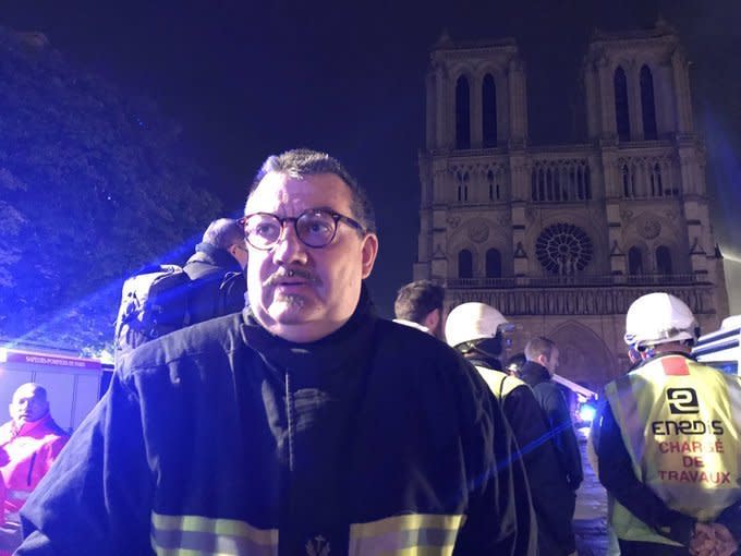 Father Jean-Marc Fournier, fire brigade chaplain, saved the Crown of Thorns from Notre Dame as it burned. (Twitter)