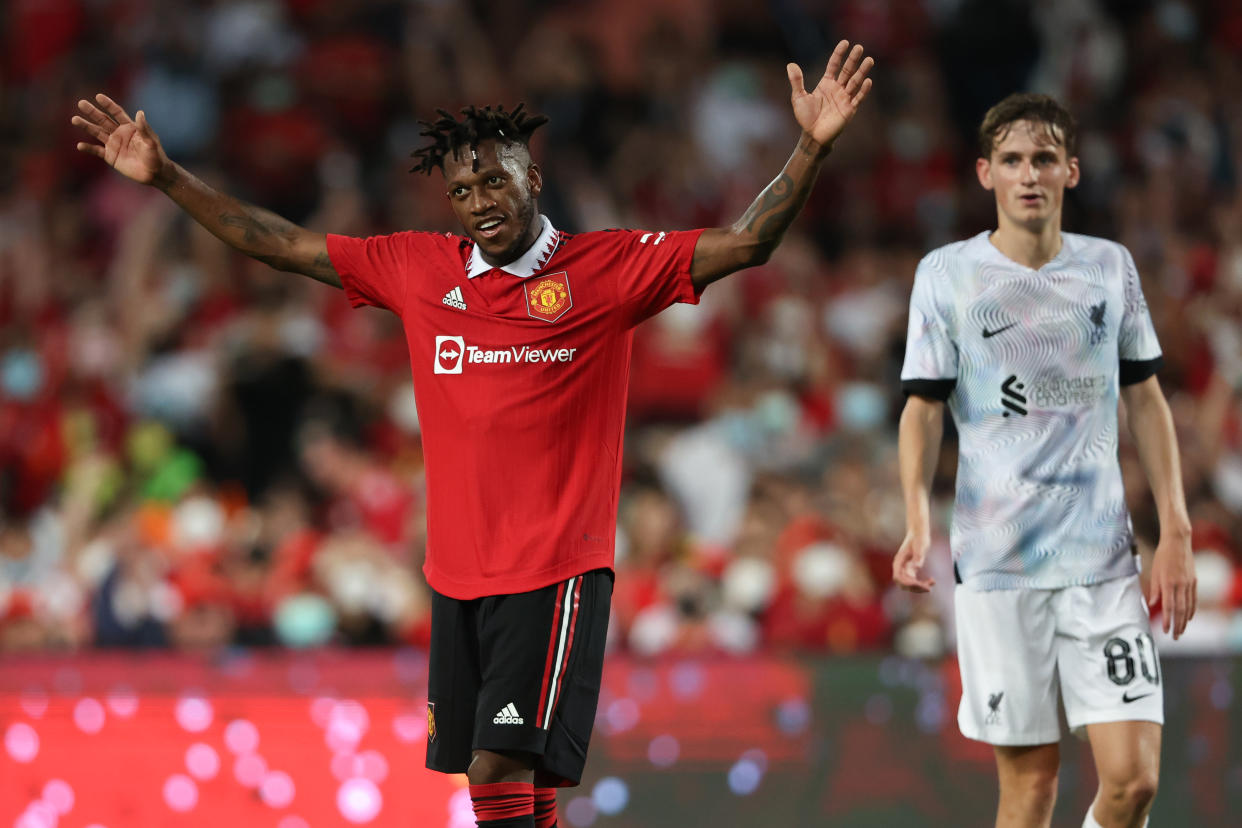 Manchester United midfielder Fred celebrates scoring their second goal during their pre-season friendly match against Liverpool in Bangkok.