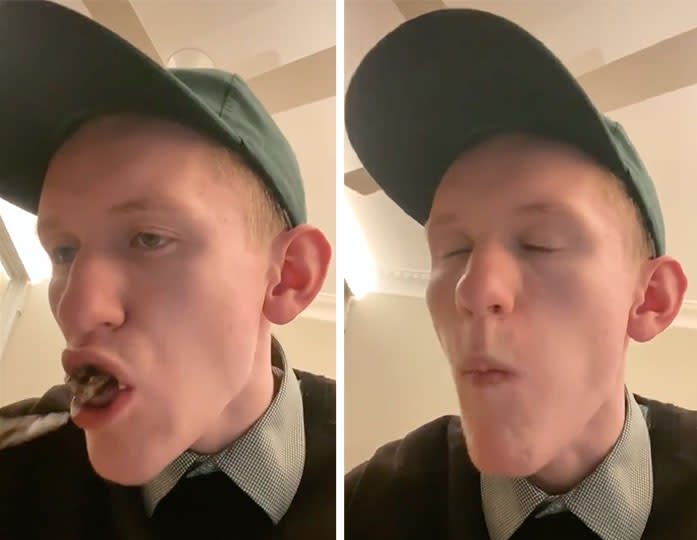 Woolies worker eats belgian chocolate lava cake, satisfied expression