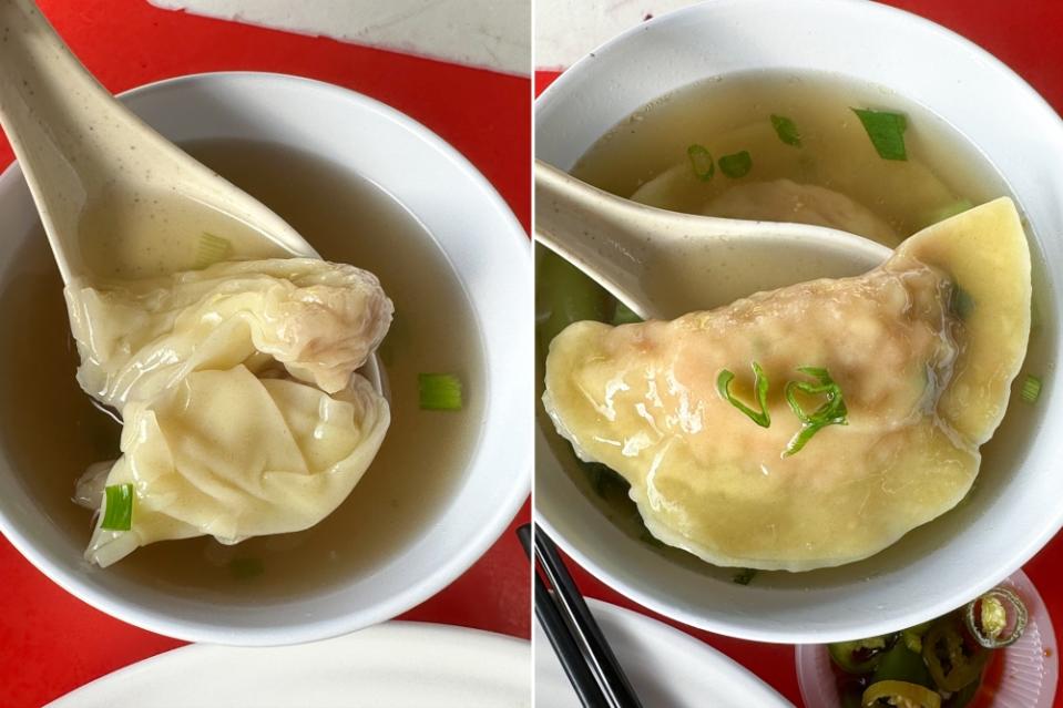 On the side, you're served with two pieces of 'wantans' with a broth perfumed with dried flounder fish powder (left). The add-on dumplings have a pork and prawn filling with chopped carrots for a satisfying bite (right).