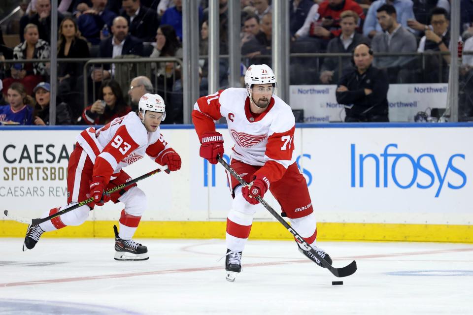 Red Wings center Dylan Larkin brings the puck up ice against the Rangers during the second period of the Wings' 5-3 loss on Tuesday, Nov. 7, 2023, in New York.