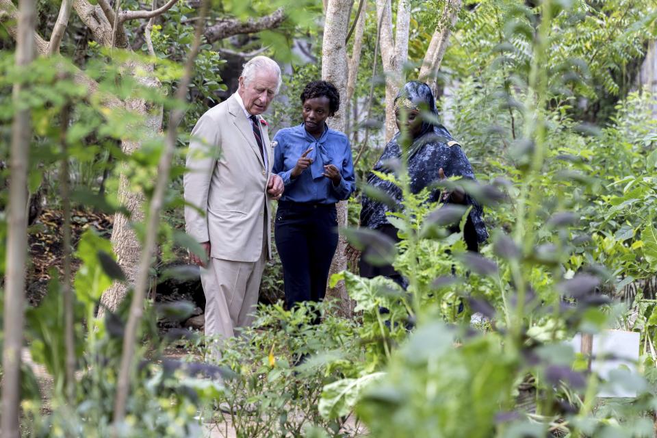 Britain's King Charles III, left, looks at an ecological garden during a visit to Kuruwitu Conservation Area in Kilifi, Kenya, Thursday, Nov. 2, 2023. (Luis Tato/Pool Photo via AP)