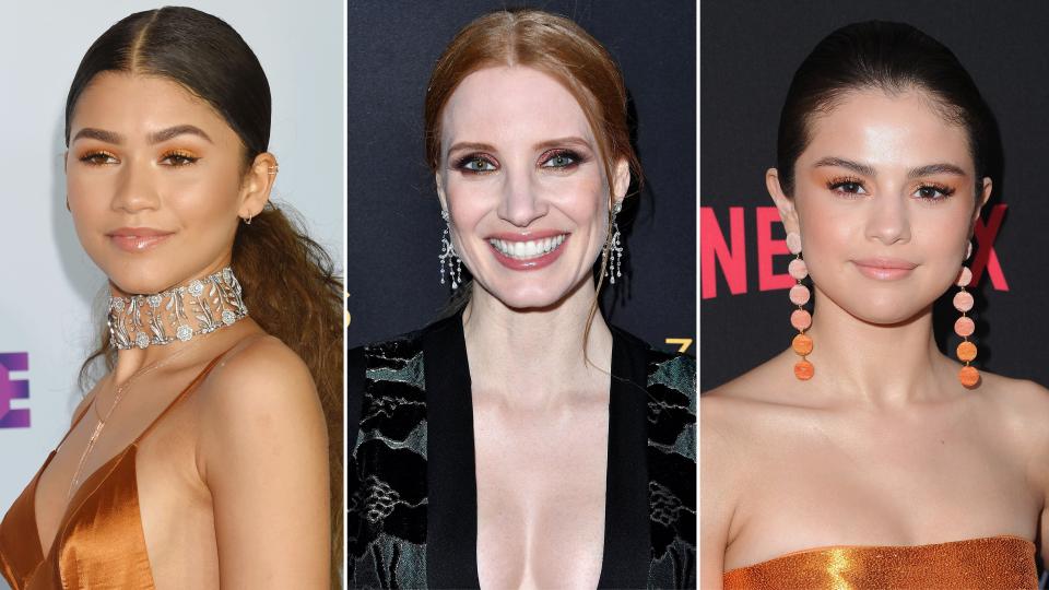 With celebrities like Selena Gomez, Jessica Chastain, and Zendaya wearing orange eye shadow lately, we'll show you to recreate their looks at home.