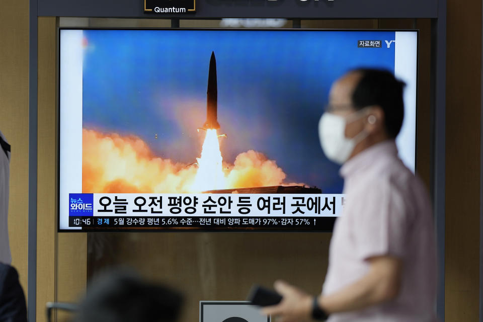 A TV screen showing a news program reporting about Sunday's North Korean missile launch with file image, is seen at a train station in Seoul, South Korea, Sunday, June 5, 2022. North Korea test-fired a salvo of multiple short-range ballistic missiles toward the sea on Sunday, South Korea's military said, extending a provocative streak in weapons demonstrations this year that U.S. and South Korean officials say may culminate with a nuclear test explosion. (AP Photo/Lee Jin-man)