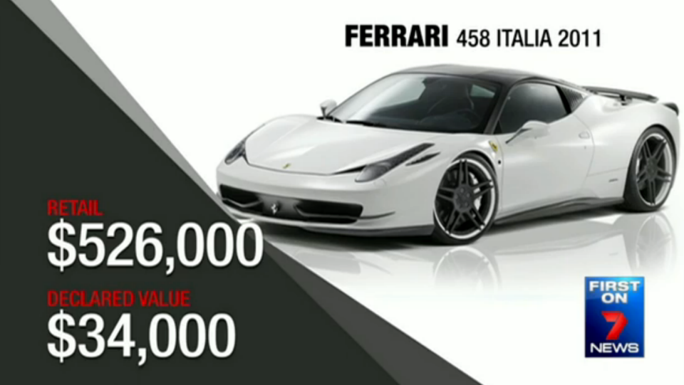 A Ferrari 458 worth $526,000 was listed at $34,000 - that difference alone saving $24,000 in stamp duty.