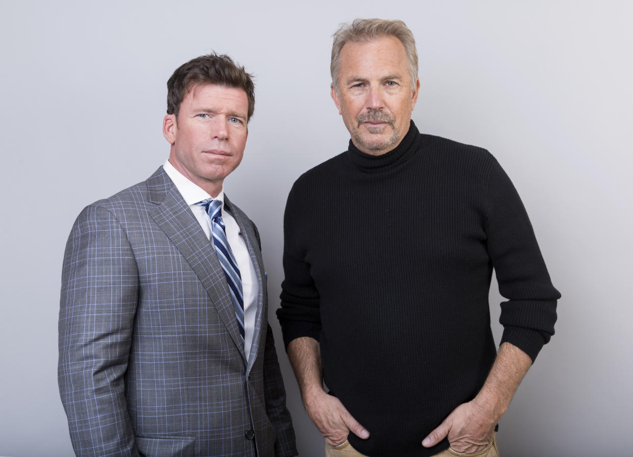 Taylor Sheridan, left, and Kevin Costner cast members in the Paramount Network series 'Yellowstone' pose for a portrait during the 2018 Television Critics Association Winter Press Tour at the Langham Hotel on Monday, Jan. 15, 2018, in Pasadena, Calif. (Photo by Willy Sanjuan/Invision/AP)