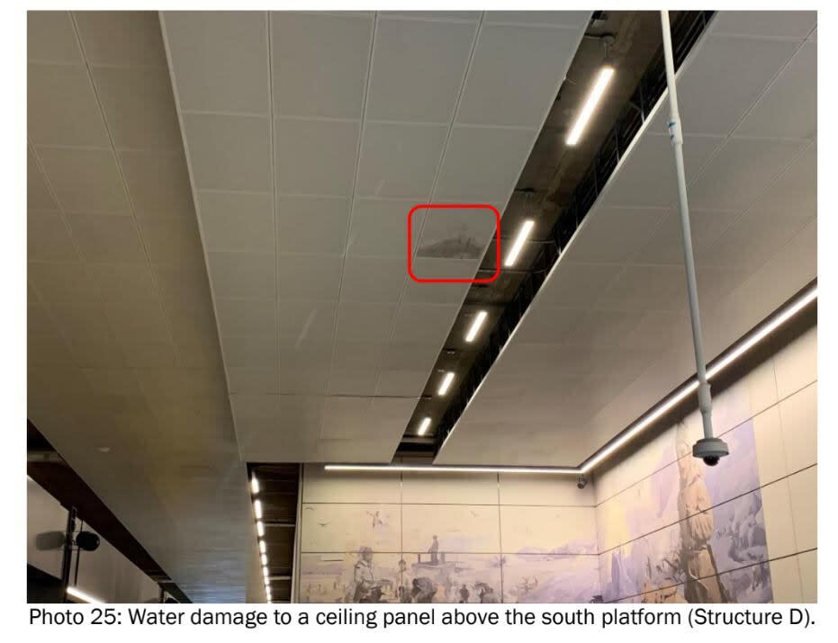 This image was included in the inspection report, noting that the ceiling had sustained water damage above the south platform.