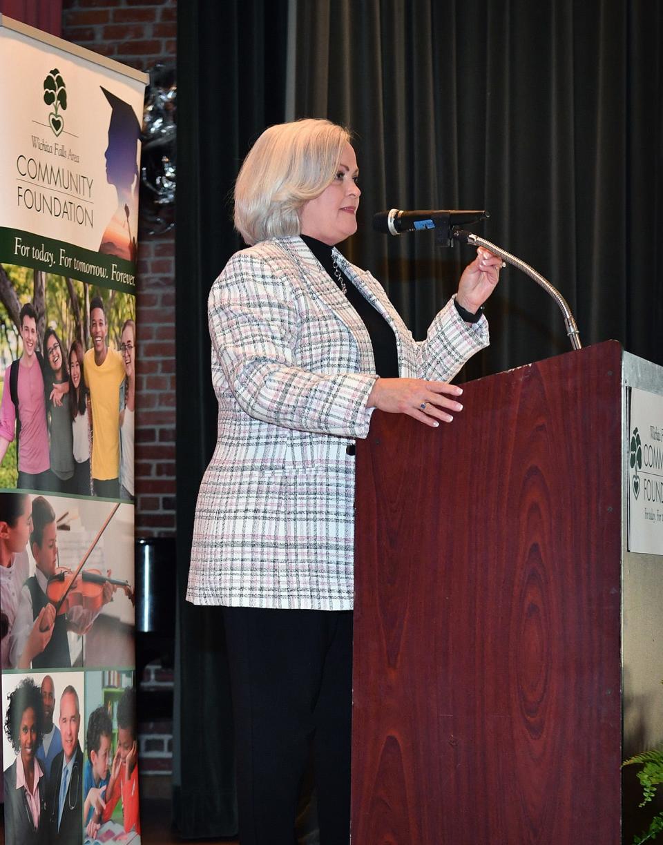 Leslie Schaffner, president of the Wichita Falls Area Community Foundation, speaks during the group's annual meeting Tuesday at The Forum as shown in this April 12, 2022, file photo.