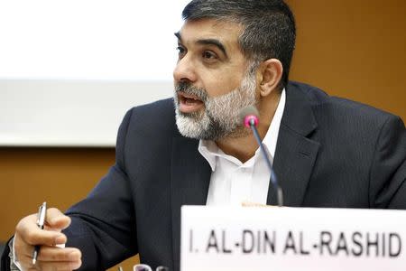 Imad Al-Din Al-Rashid, Chair of the Political Bureau, Syrian National Movement speaks during "Syria after Tyranny: Achieving a Democratic and Pluralistic Future" a side-event of the UN Human Rights Council at the United Nations headquarters in Geneva, Switzerland, June 25, 2015. REUTERS/Pierre Albouy