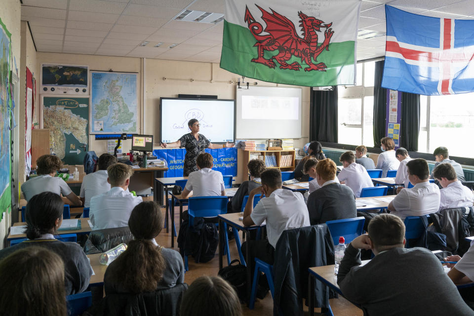 A general view as pupils listen during a geography lesson at Whitchurch High School on September 14, 2021 in Cardiff, Wales. 